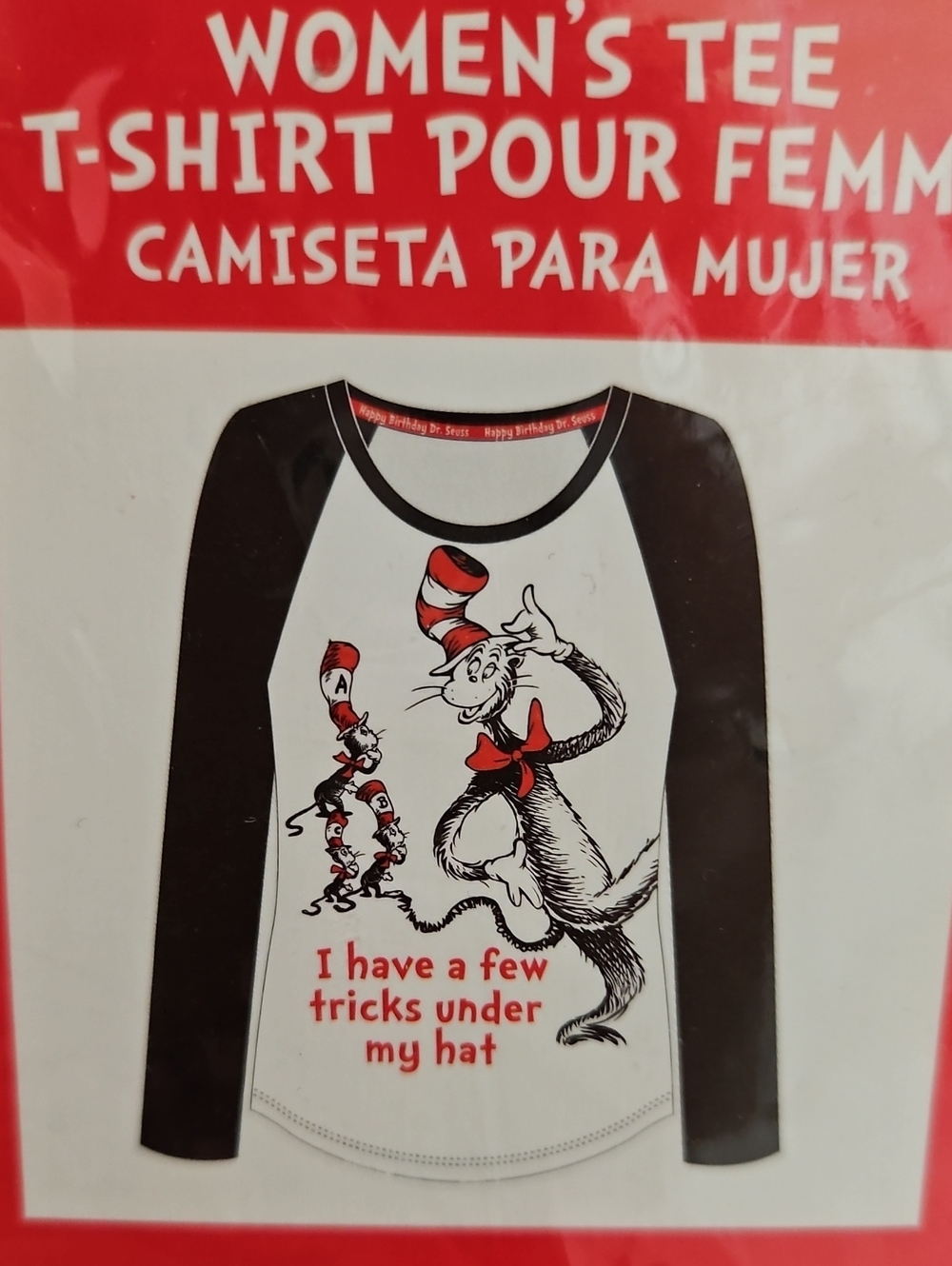 💟 NWT Dr. Seuss Womens' White and Red Cat in the Hat Shirt Long Sleeve Top S/M